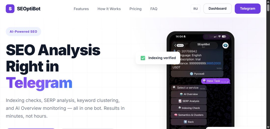 Официальный сайт SEOptiBot с инструментами проверки индексации и SEO-анализа